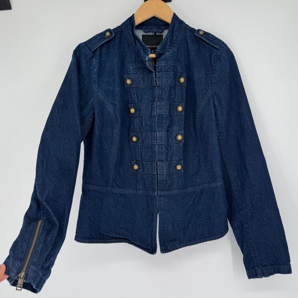 Banana Republic Military Denim Band Jacket M Blue Cotton Brass Button Steampunk